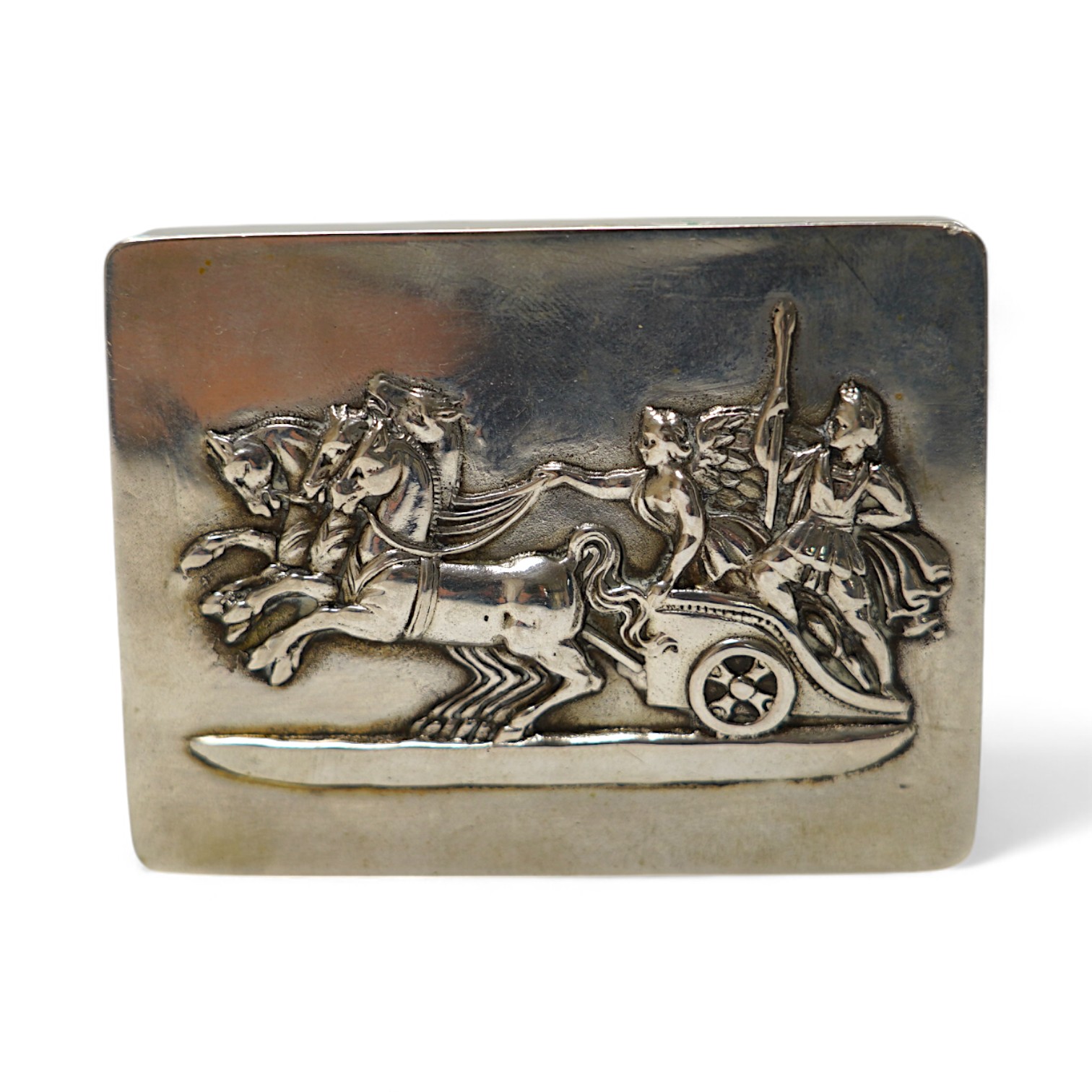 A German 800 standard white metal snuff box, the cover embossed with chariot scene, 78mm. Condition - fair to good